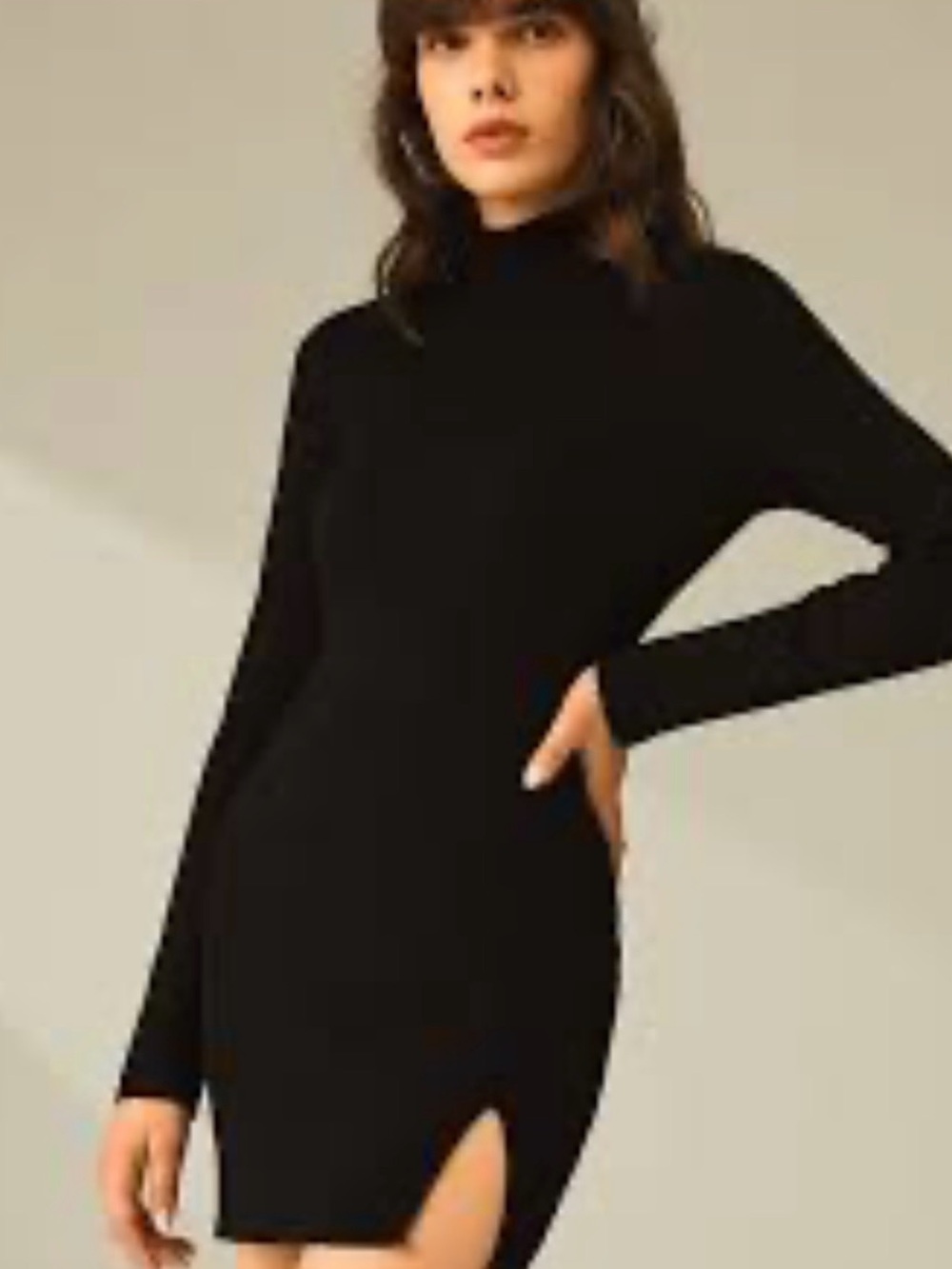 Commense Black Ribbed Long Sleeve Mock Neck Mini Dress Side Slit Medium